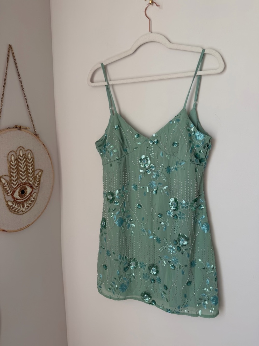 Green Beaded Sequin Floral mini dress